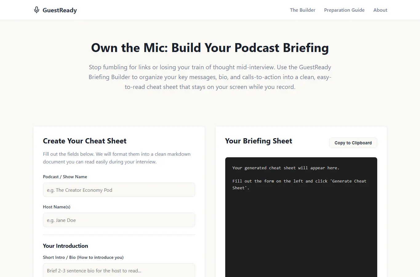Screenshot of GuestReady: Interview Briefing Builder interface showing the project page in use